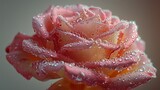  A pink rose, shot closely with dewdrops glistening on its petals against a subtle light gray backdrop