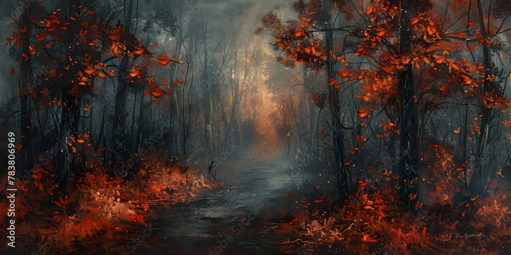 Moody Autumn Painting of Misty Forest Path with Vibrant Leaves Carpeting the Way
