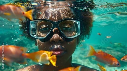 African American woman swimming under water with googles swimming with lots of Marine life in water Multiexposure, vibrant colors © NatthyDesign