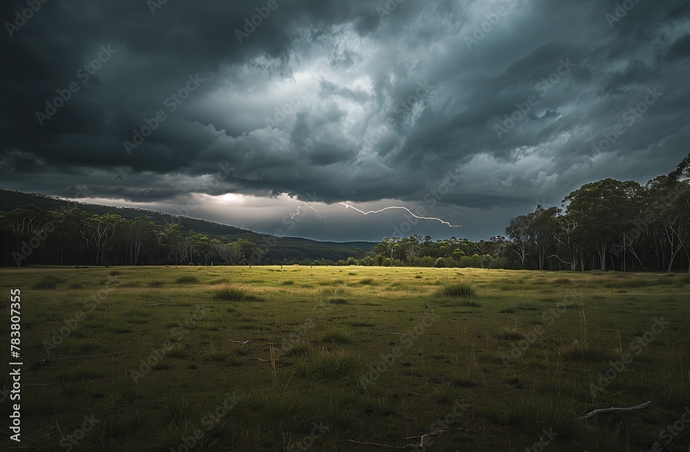 Obraz premium Thunderstorm Over a Rural Landscape at Dusk