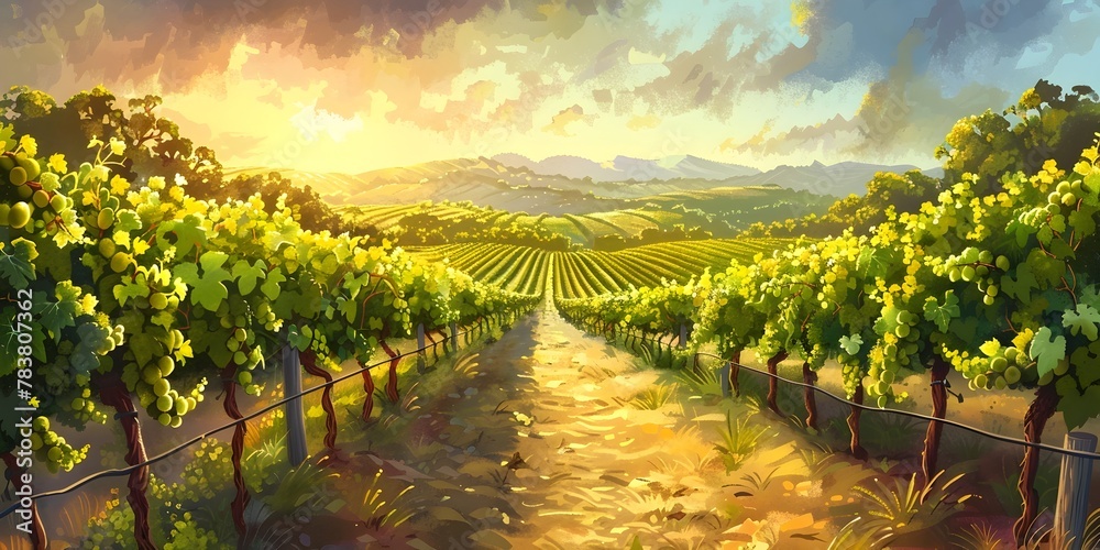 Picturesque Summertime Vineyard Landscape with Lush Grapevines and Golden Sunlight