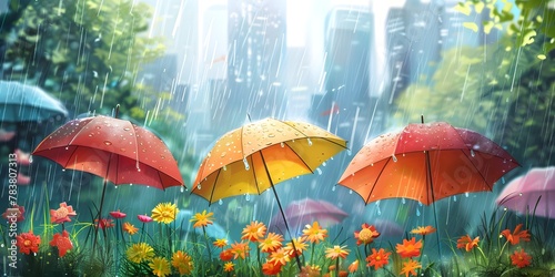 Vibrant Umbrellas and Blooming Flowers Amid a Spring Rainstorm on City Streets