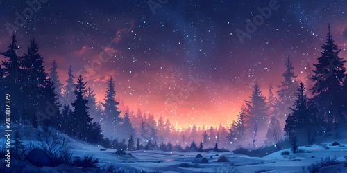 Enchanting Snow Clad Forest Under a Glittering Starry Sky on Winter Solstice Night