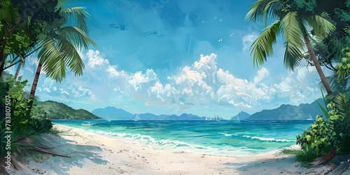 Tranquil Tropical Paradise Inviting Beach with Crystal Clear Ocean and Swaying Palm Trees photo