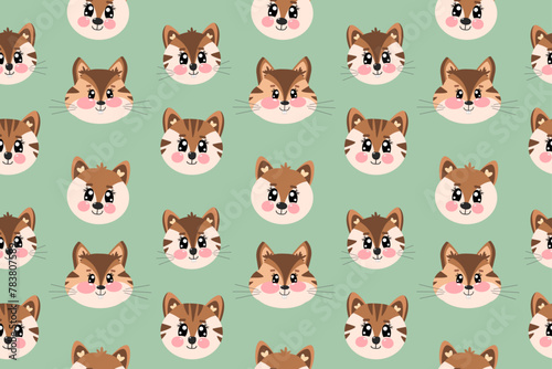 Seamless pattern with flat kawaii cute little face  head of tiger  fox and chipmunk face for children isolated on green background
