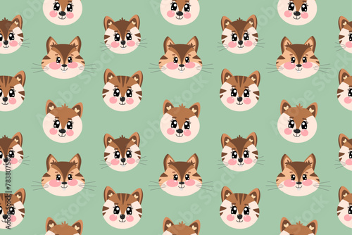 Seamless pattern with flat kawaii cute little face, head of tiger, fox and chipmunk face for children isolated on green background