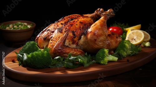 Delicious roast chicken with fresh green vegetable on wooden plate in the kitchen room.