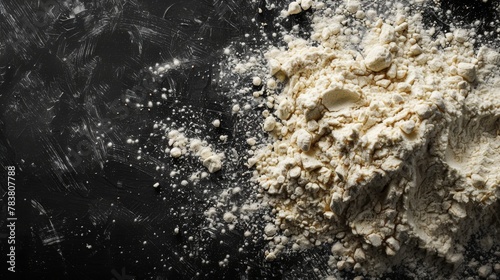 Wheat flour scattered on a black background