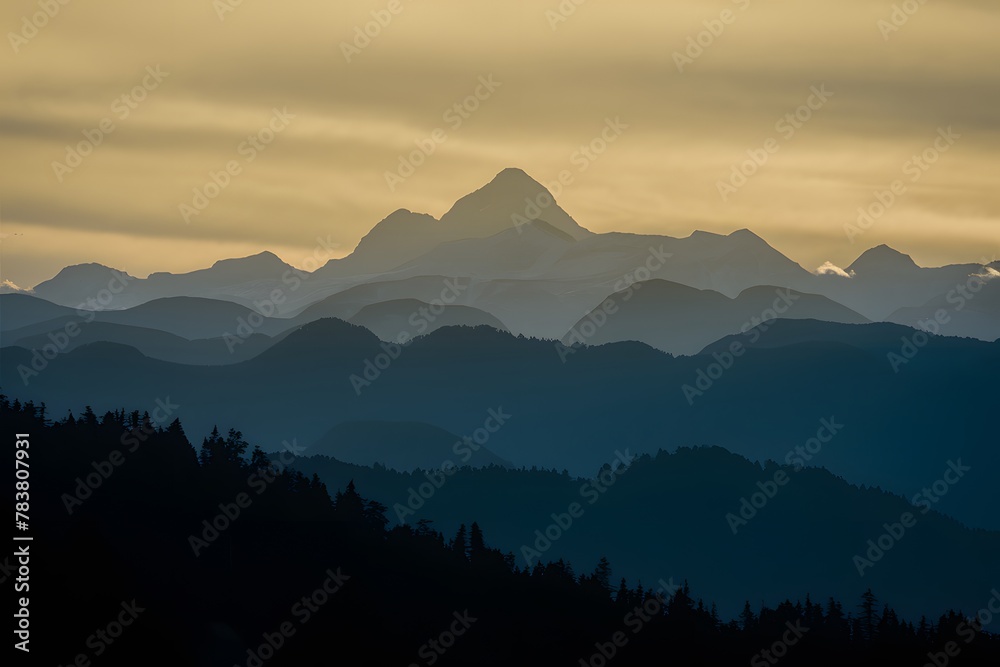 Obraz premium Majestic mountain peak silhouette backlit by yellow sunrise