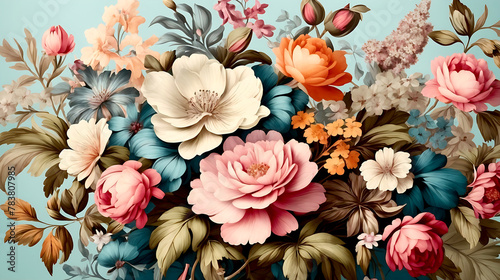 Beautiful fantasy vintage wallpaper botanical flower bunch,vintage motif for floral print digital background photo