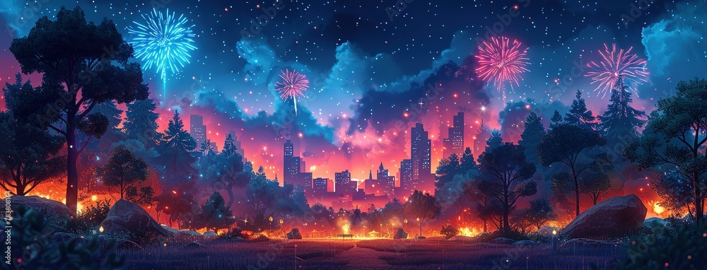 Holiday event with music festival in city park at night. Dark urban public garden landscape with fireworks over stage for concert. Cartoon vector illustration of scene for outdoor entertainment Holiday event with music festival in city park at night. Dark urban public garden landscape with fireworks over stage for concert. Cartoon vector illustration of scene for outdoor entertainment