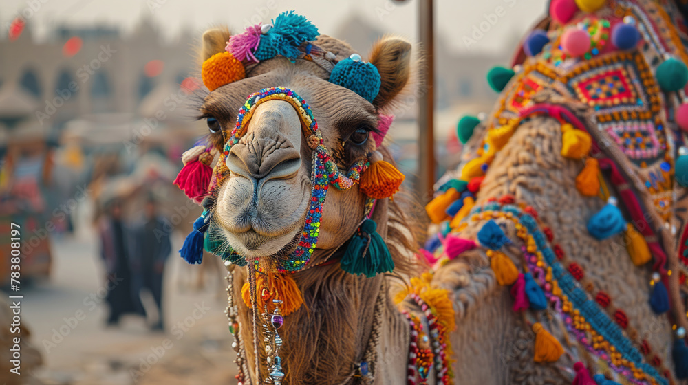 A camel adorned with traditional decorations for the Eid al-Adha festival