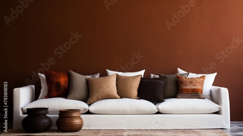 Accent pillows in earthy tones complementing the minimalist aesthetic of the white sofa against the bold backdrop of the umber wall.