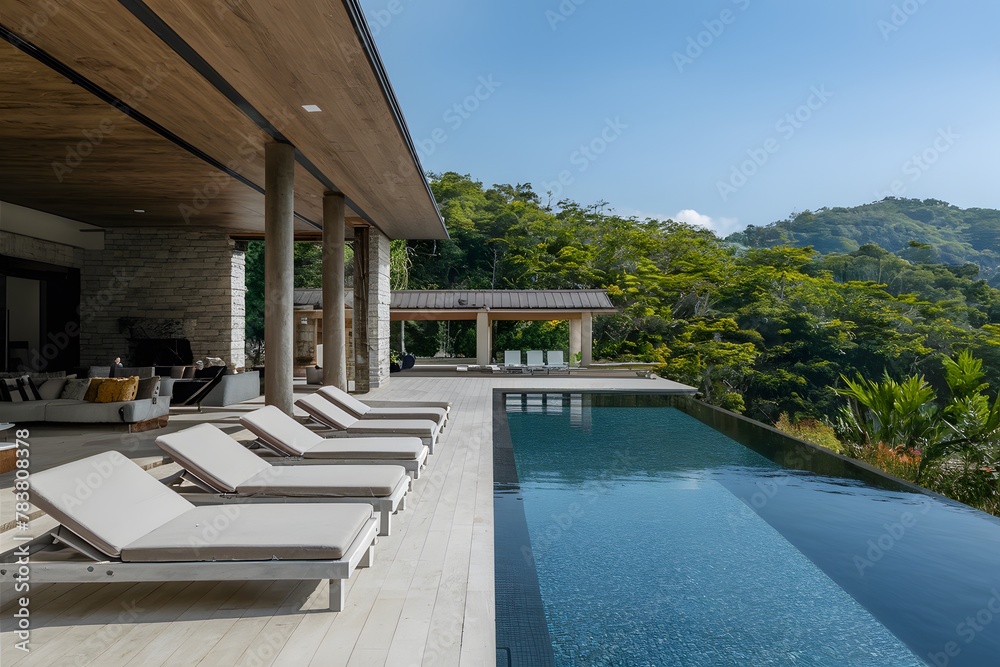 Modern outdoor swimming pool area with nature view, contemporary villa
