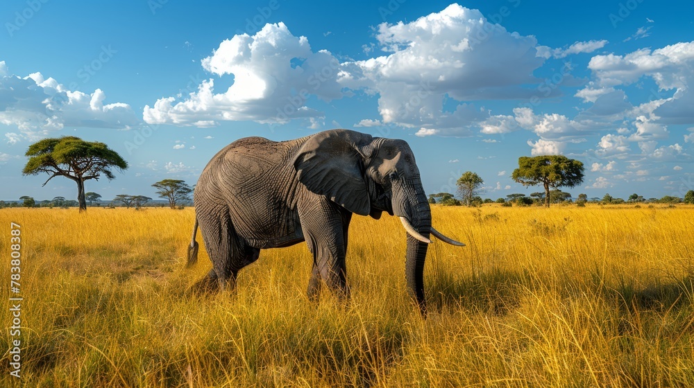   An elephant stands amidst a sea of tall grass in a field, under a cloudy blue sky dotted with scattered clouds