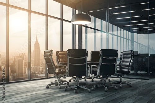 Modern office ambiance with luxurious empty chairs, executive setting photo