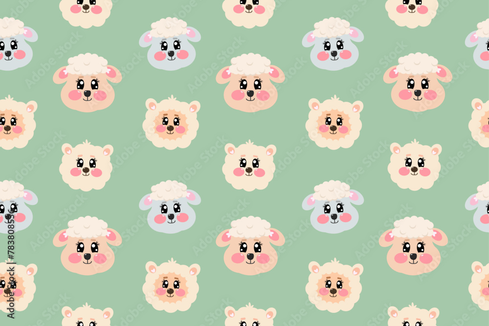 Seamless pattern with cute kawaii alpaca, lamb, ewe, sheep face, head for nursery, print or textile for kids on green background. Vector illustration for kids, baby, childrens