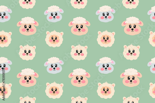 Seamless pattern with cute kawaii alpaca, lamb, ewe, sheep face, head for nursery, print or textile for kids on green background. Vector illustration for kids, baby, childrens
