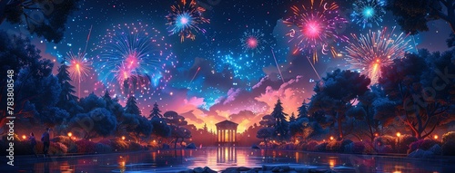 Holiday event with music festival in city park at night. Dark urban public garden landscape with fireworks over stage for concert. Cartoon vector illustration of scene for outdoor entertainment © Jennifer