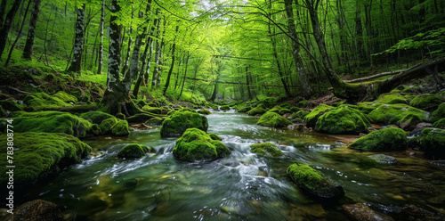 A serene and lush forest with vibrant green trees  a clear stream flowing through the center of the frame  moss-covered rocks on both sides. 