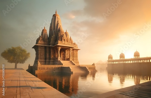 Background representing gujarat day with a scene of a traditonal gujarat architecture at sunset. photo