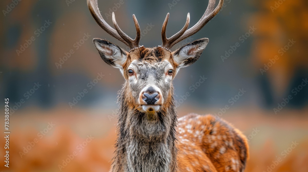   A tight shot of a deer sporting massive antlers against a hazy backdrop