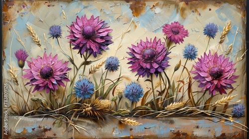   A painting of purple and blue flowers against a weathered metal backdrop, with grass and nearer blooms in the foreground photo