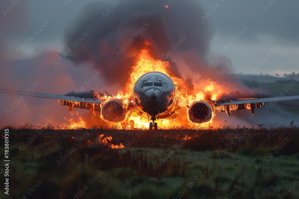 An intense image showing a plane with its front engulfed in flames against a smoke-filled background - obrazy, fototapety, plakaty 