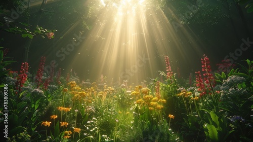  The sun illuminates the garden, filtering through tree leaves as wildflowers and other blooms flourish beneath