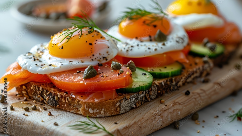   A wooden cutting board holds sliced bread topped with vegetables and poached eggs