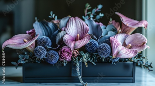  A black vase holds a bouquet of pink and purple flowers on a marble countertop, situated in front of a window