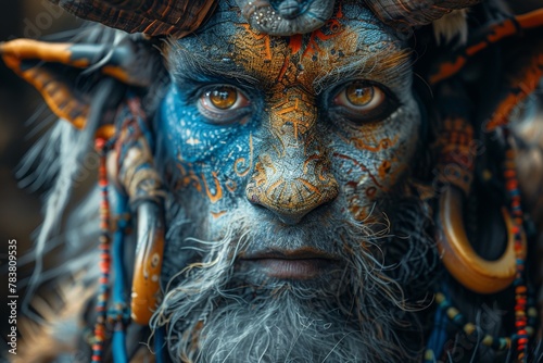 Detailed portrait of a man with intricate tribal face paint and an intense stare, expressing cultural depth and mystique