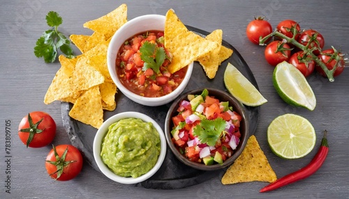  Mexican food- salsa sauce, guacamole and pico de gallo with nacho chips 