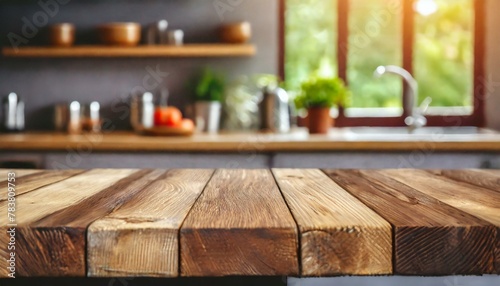  Empty wooden table and blurred background of modern kitchen. for product display