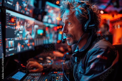 A director sits at the control panel, monitoring multiple screens and giving instructions to the production team through a headset no label --no text 