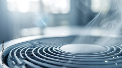 Close-up of a modern humidifier releasing steam into the air with a soft-focus background. Household appliance concept for improving indoor air quality and comfort
