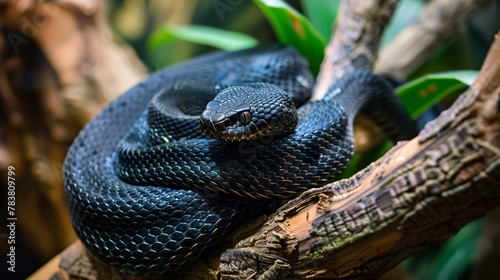 Black snake curled up on a branch