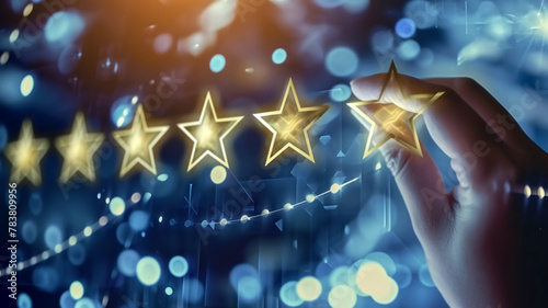 Hand touching a five-star rating system with a glowing digital interface and bokeh light background. Conceptual image representing customer satisfaction, quality service, and feedback photo