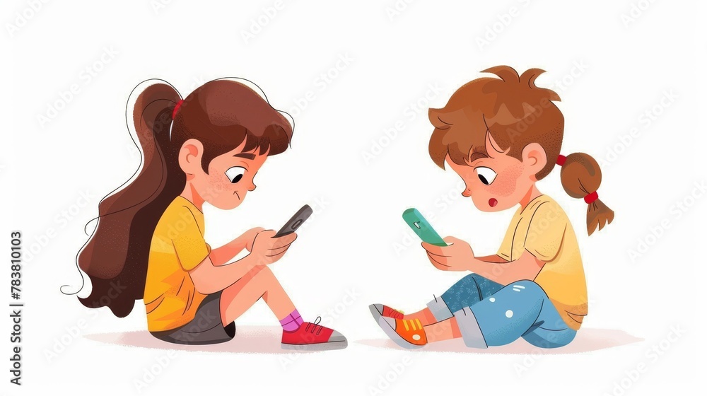 Children playing with mobile phones. Cartoon modern illustration set of cute little girls and boys using smartphones. New gadget for online study or device addicts.
