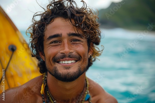 Bearded surfer with a pleasant smile standing near tropical blue waters with his yellow surfboard photo