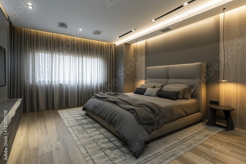 Modern bedroom in a minimalist style in white and gray with a bed, dressing room, lighting from the ceiling 