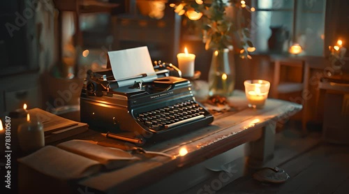 Writer s nook with vintage typewriter, candlelit, close view, moody creativity photo