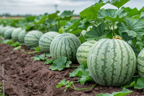 Juicy ripe watermelons growing in the lush green field ready for harvesting and sale