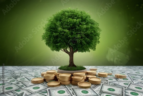 Tree growing on money and financial reports, investment concept