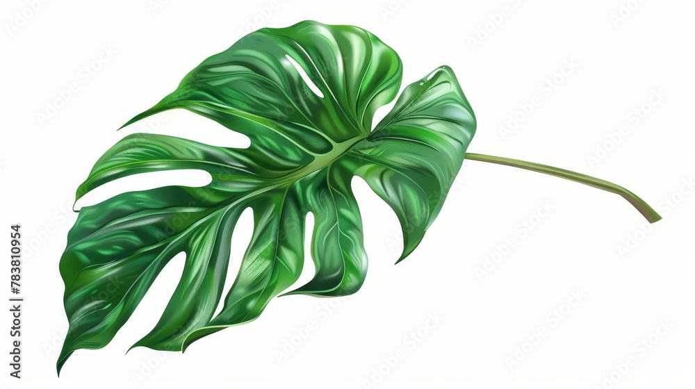 An exotic philodendron leaf with stem in realistic style on a tropical green monstera leaf on white background.