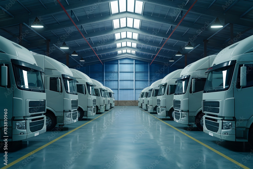 Warehouse scene with parked trucks, awaiting delivery dispatch