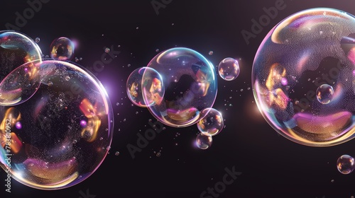 The process of bursting soap bubbles is illustrated as transparent exploding air spheres with reflections and highlights, isolated on a black background.