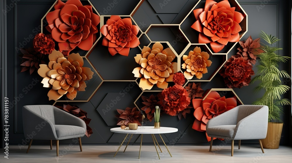 A living room with a prominent wall covered in various colorful flowers, adding a vibrant and fresh touch to the space. Generative AI A living room with a prominent wall covered in various colorful flowers, adding a vibrant and fresh touch to the space. Generative AI
