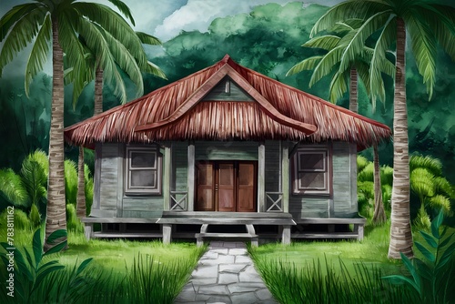 Watercolored serene image of traditional Bahay Kubo dwelling
