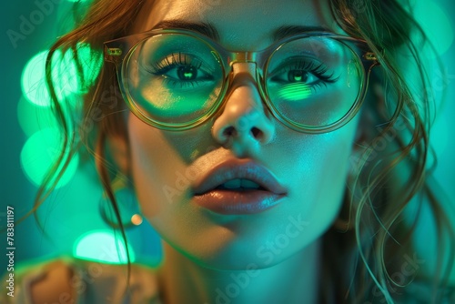 Close-up of a young woman's face illuminated by neon lights, focus on her eyeglasses